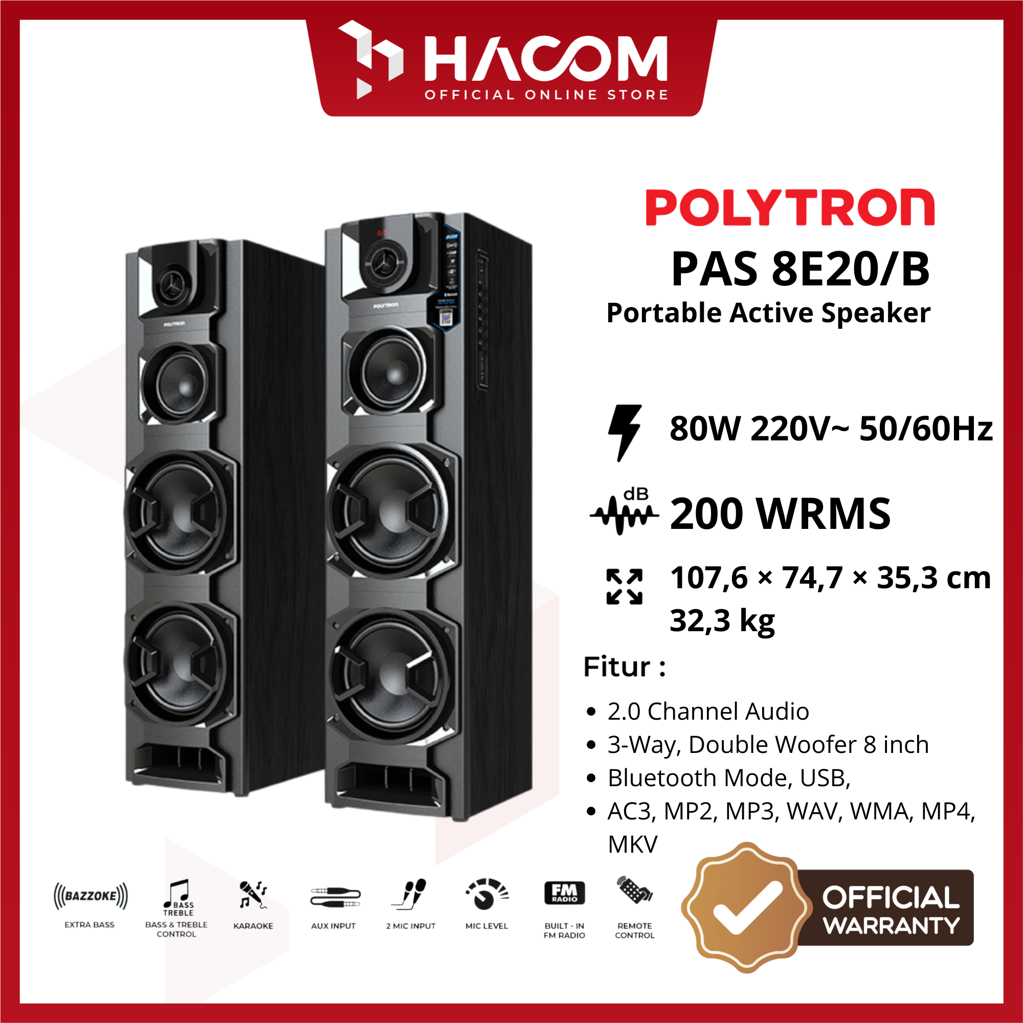 PORTABLE ACTIVE SPEAKER (PAS 8E20/B) 8 INCH