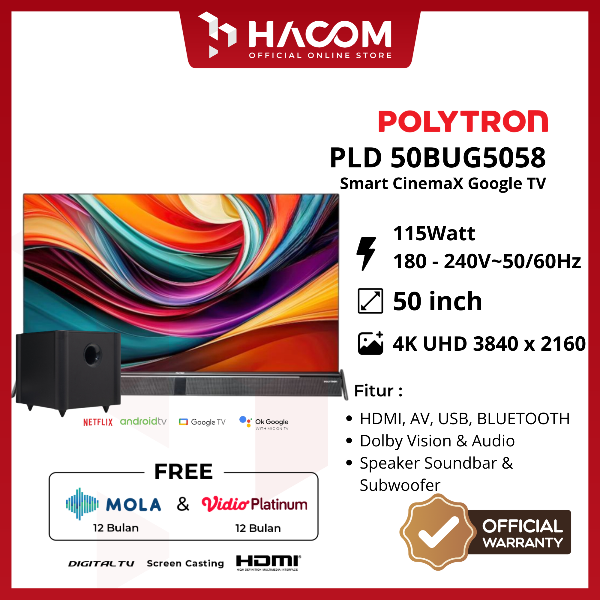 POYTRON SMART CINEMAX GOOGLE TV PLD 50BUG5058